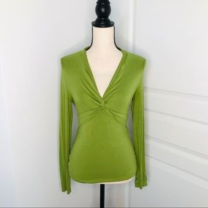 Ann Taylor Green Slim Ruched Ribbed Long Sleeve V-neck Top Size S
